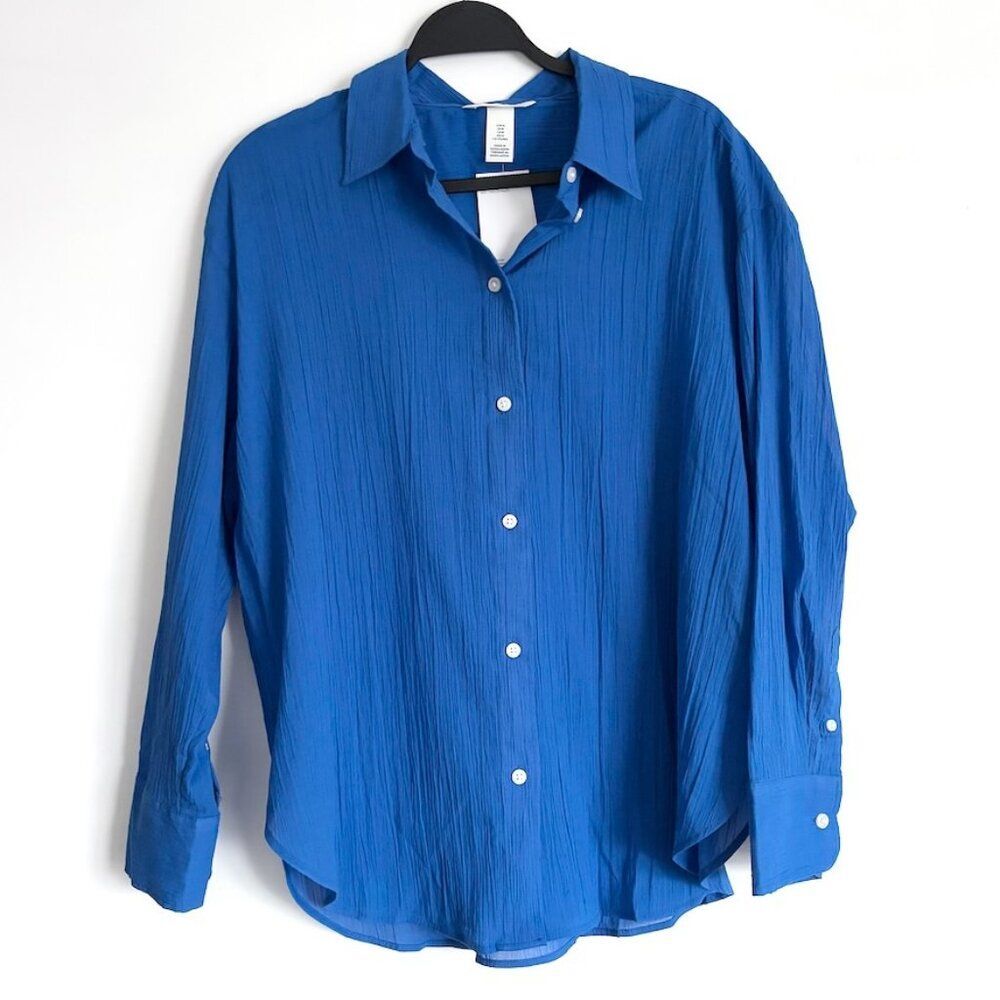 NWT Lightweight 100% Cotton Blue Crepe Crinkle Button Down Shirt Size Medium